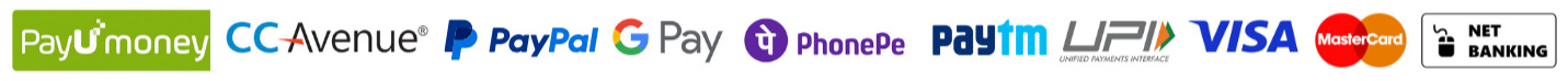 Accepted payment methods: PayU Money, CCAvenue, PayPal, Google Pay, PhonePe, Paytm, UPI, Visa, Mastercard and Net Banking